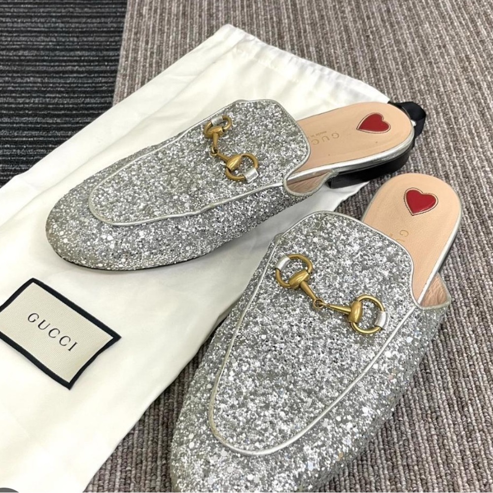 Gucci Women's Glittering Silver Mules with Gold Accents